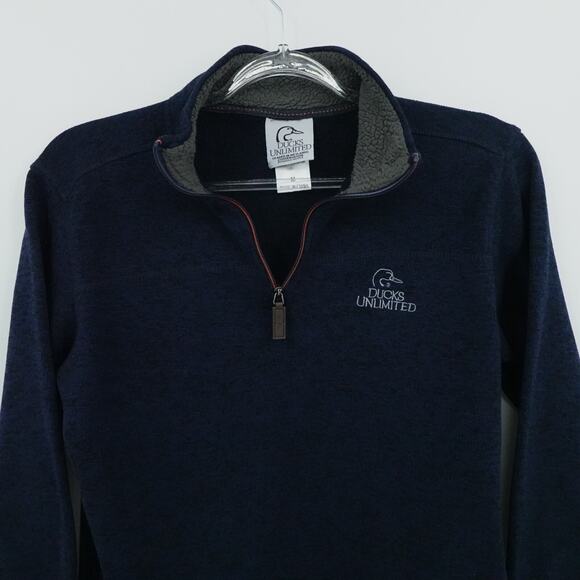 Ducks Unlimited Sweater Mens Medium Blue 1/4 Zip Fleece Preppy Outdoors Pockets - Picture 7 of 14